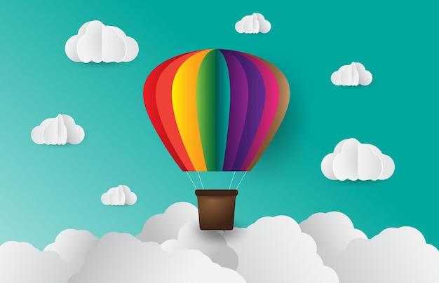 Papierowy styl Origami wykonany kolorowy balon chmura błękitne niebo
