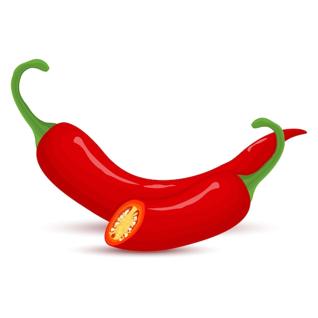 Plik wektorowy papryczka chili na białym tle. całe i pół czerwone chili. ilustracja wektorowa, płaski.