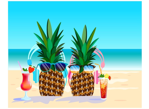 Plik wektorowy para ananasowych postaci na plaży