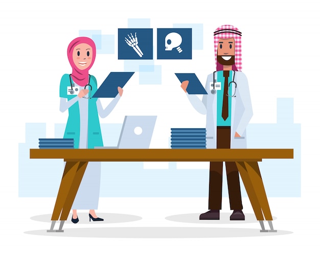 Plik wektorowy para arabów saudyjskich lekarzy szukających filmów rtg.