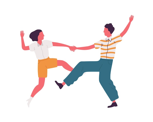 Para bez twarzy trzymająca się za ręce i tańcząca razem lindy hop. Impreza w stylu retro rock n roll. Para tancerzy swingu w ubraniach w stylu lat 40. Płaskie wektor ilustracja na białym tle.
