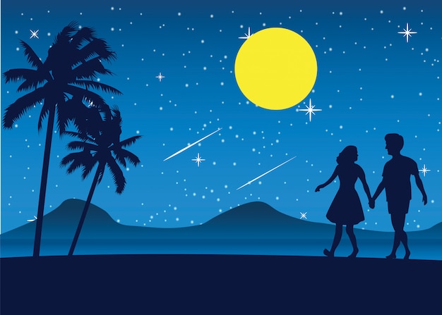 para chodzić po plaży w nocy, romantyczna scena