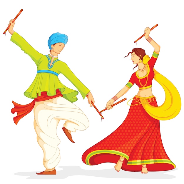 Para grająca w dandiya na białym tle ilustracji