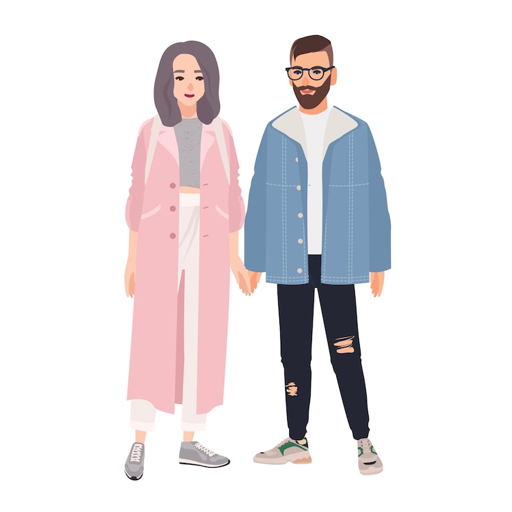 Wektor para hipster mężczyzna i kobieta ubrana w modne ubrania, stojąc razem i trzymając się za ręce. stylowa romantyczna para