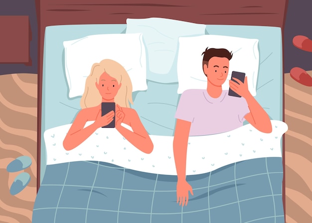 Para ludzi w łóżku z ilustracjami telefonów.