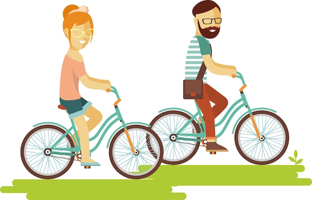 Plik wektorowy para młodych mężczyzn i kobiet hipsterów rowerzystów w zwykłych ubraniach jeżdżących na rowerze