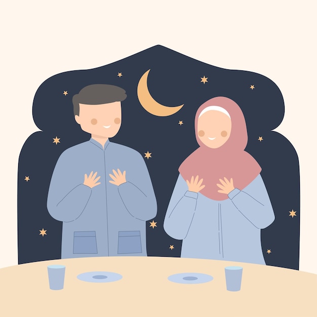 Plik wektorowy para modli się na iftar