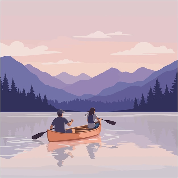 Para pływająca kajakiem nad jeziorem Sunset Mountain