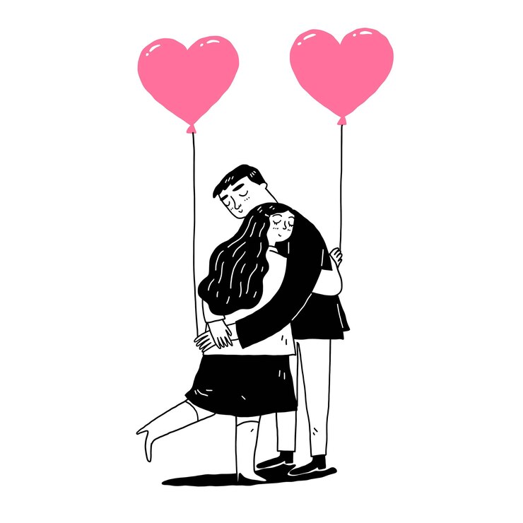 Wektor para trzymająca balony w kształcie serca w uścisku ręcznie rysującą ilustrację wektorową w stylu doodle
