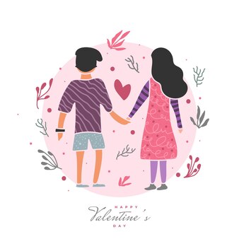 Para trzymająca się za ręce ilustracja z ładny element kwiatów i napis happy valentine's day. projekt pocztówki walentynkowej z ilustracją dla pary