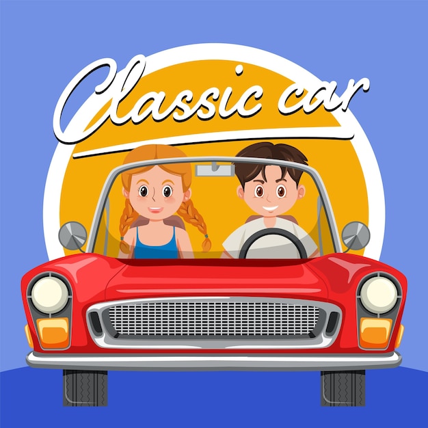 Plik wektorowy para w klasycznym samochodzie w stylu kreskówki