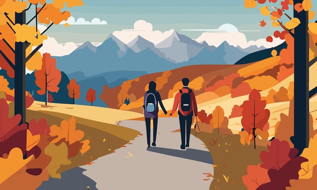 Plik wektorowy para wędrująca po jesiennych górach jesienny krajobraz w stylu płaskiej