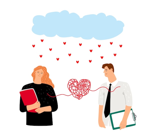 Para Zakochanych W Sercu Związany. Zakochane Romantyczne Postacie Pary, Deszczowe Serca. Ilustracja Wektorowa St Valentines Day