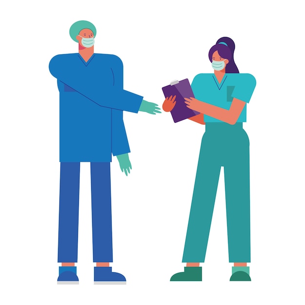 Plik wektorowy para zawodowych lekarzy noszenie masek medycznych ilustracji