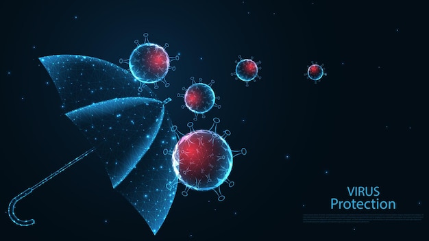 Parasol Z Chorobą Koronawirusową Covid-19. Zatrzymaj Wirusa. Ochrona Przed Chorobami. Połączenie Linii. Niska Konstrukcja Szkieletu Poli. Streszczenie Tło Geometryczne. Ilustracji Wektorowych.