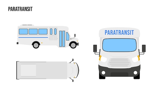 Plik wektorowy paratransit ilustracja konstrukcji płaskiej pojazdy publiczne widok z góry widok boczny widok z przodu izolowany białym tłem