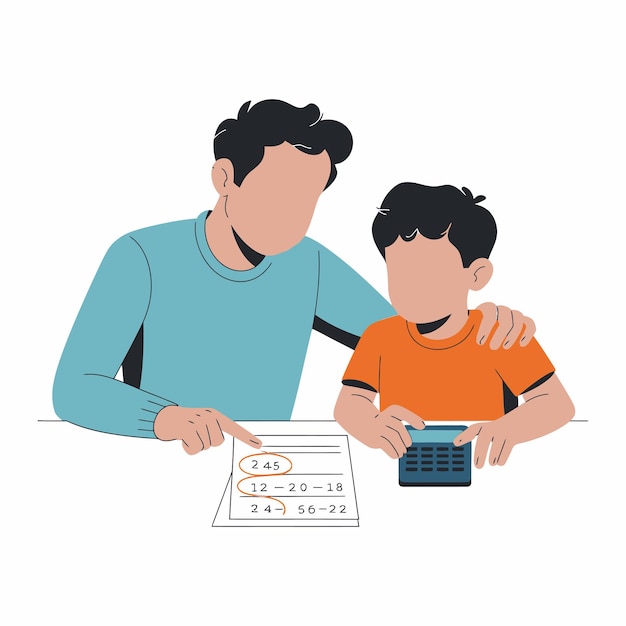 Parent assisting child with math homework using a calculator
