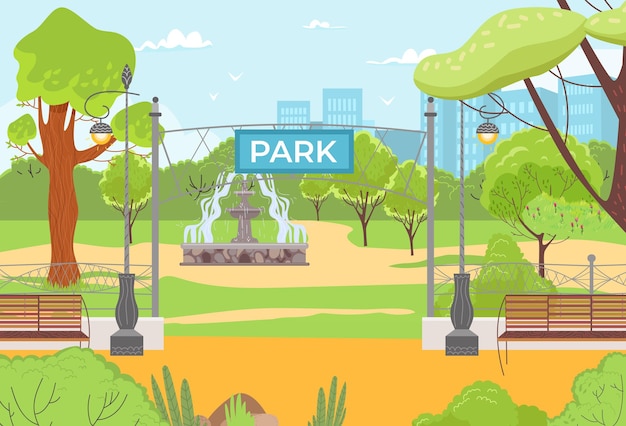 Plik wektorowy park miejski na lato krajobraz charakter ilustracji wektorowych zielona trawa i drzewo enterance park tekst odkryty ogród miejski fontanna ogrodzenia ławce