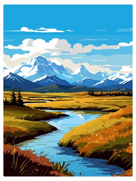 Plik wektorowy park narodowy denali alaska vintage plakat podróżniczy pamiątkowa pocztówka portret malarstwo ilustracja