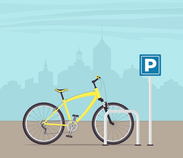 Parking Rowerów Na Ulicy Miasta żółty Nowoczesny Rower Na Znak Parking Ilustracja Wektorowa W Stylu Płaski