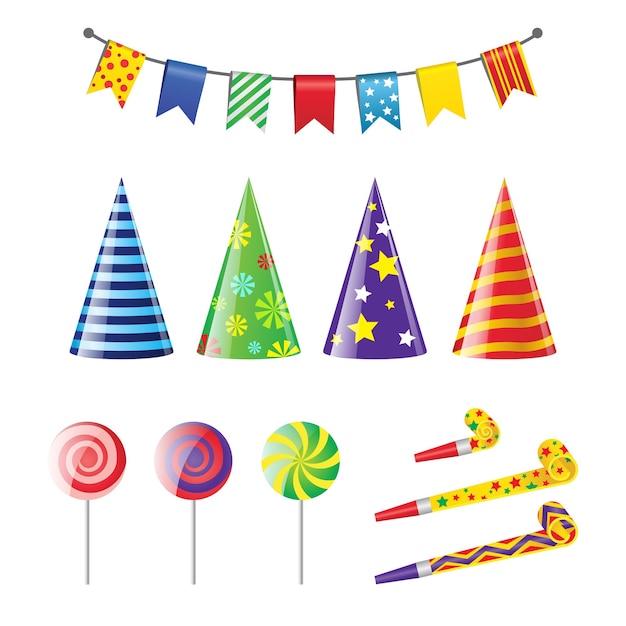 Party Elements - realistyczny nowoczesny wektor zestaw różnych obiektów wakacyjnych. Białe tło. Clipart na zaproszenie na urodziny, projekt karty. Kolorowe flagi, banery, spiczaste czapki, lizak, gwizdek.