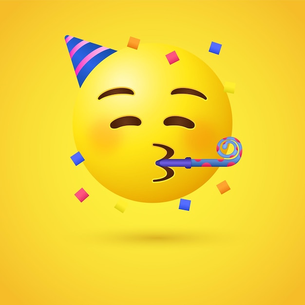 Party Emoji Face lub emotikon z imprezowym rogiem i kapeluszem