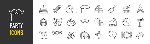 Party web ikony w stylu linii urodziny taniec szczęśliwy Nowy Rok tydzień Boże Narodzenie wydarzenie wakacje karnawał kolekcja ilustracja wektorowa
