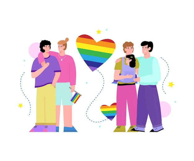 Pary LGBT z tęczą symboliczną płaską kreskówką
