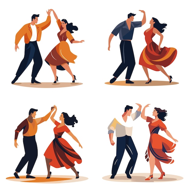 Plik wektorowy pary tańczące salsa w żywych strojach mężczyźni i kobiety wykonują ruchy tańca łacińskiego taniec ekspresyjny