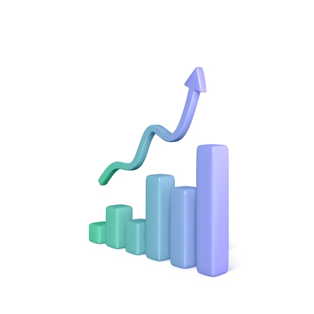Plik wektorowy pasek wykresu statystyki 3d z rosnącą strzałką w realistycznym stylu kreskówki wykres wzrostu zysku w biznesie i sukces finansowy ilustracja wektora izolowana na białym
