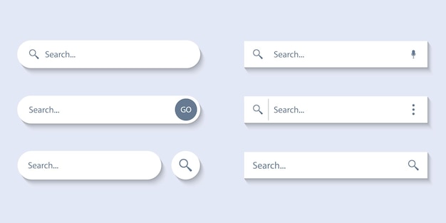 Pasek wyszukiwania dla interfejsu użytkownika, projektu i strony internetowej. Wyszukaj ikonę adresu i paska nawigacyjnego. Zbieranie szablonów formularzy wyszukiwania dla stron internetowych