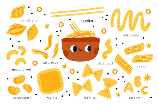 Plik wektorowy pasta z kreskówek różne rodzaje makaronów spaghetti penne i makarony włoskie produkty mąkowe kształty ravioli i casarecce tradycyjne jedzenie pudełko z zabawną twarzą zestaw jedzenia wektorowy