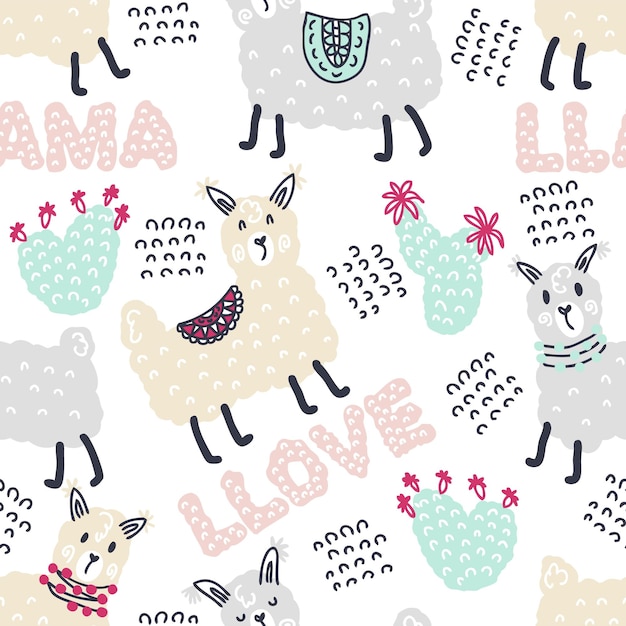 Pastelowe kolorowe bezszwowe wzór lamów kaktusów i tekstu LAMA LAMA Idealne do tekstyliów i nadruków Tshirt Ręcznie rysowane ilustracji wektorowych do wystroju i projektowania