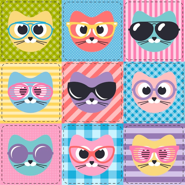 Plik wektorowy patchworkowe tło z uroczymi kotami i okularami przeciwsłonecznymi