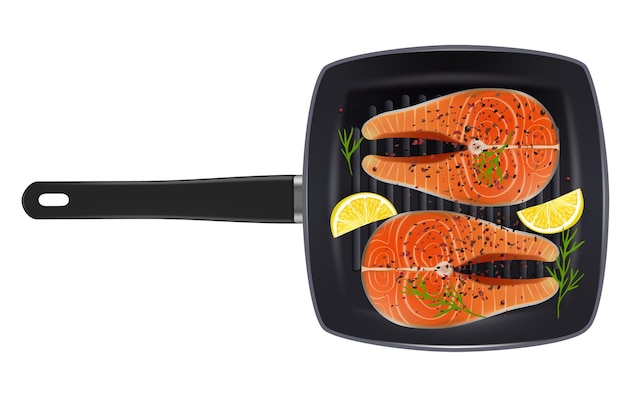 Plik wektorowy patelnia grillowa z stekami rybnymi z łososia wektor na białym tle realistyczna ilustracja