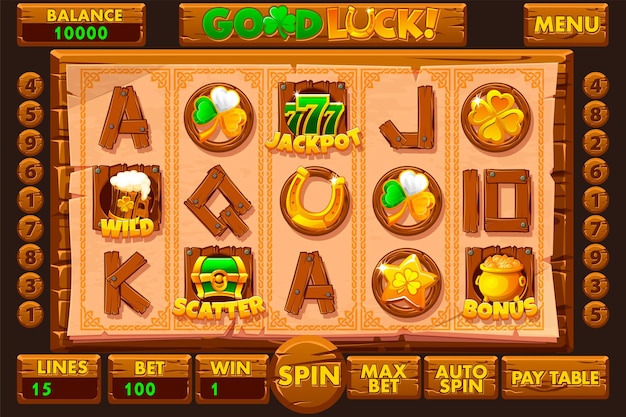 Patricks or Good Luck slot machine UI i pełny zestaw 12 symboli slotów w stylu drewna Symbole slotów dzikie jackpot bonus i rozproszenie
