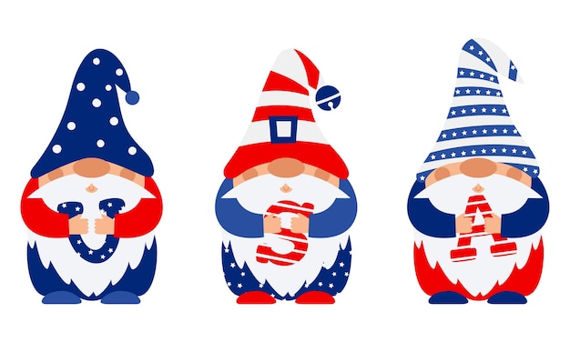 Plik wektorowy patriotyczne gnomy w czapkach w kolorach flagi amerykańskiej trzymają litery usa w dłoniach gnomy świętują dzień niepodległości 4 lipca na kartkę z życzeniami t shirt wydruku ilustracji wektorowych na białym
