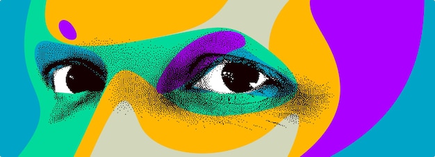 Patrząc Oczy 8-bitowa Kropkowana Abstrakcja Wektora Stylu, Stylizowany Element Projektu Ludzkiej Twarzy, Z Kolorowymi Ikonami.