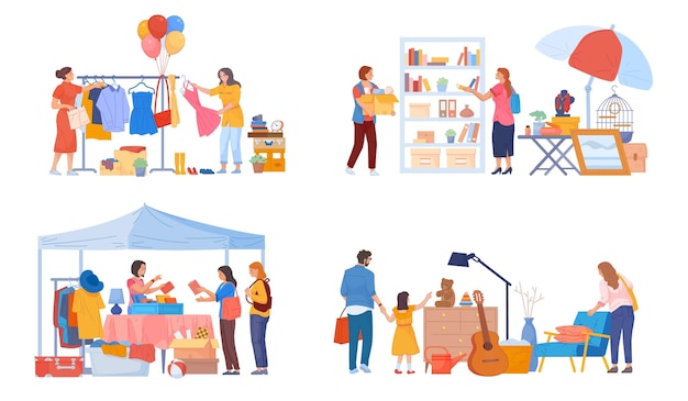 Pchli targ Ludzie z Fleamarket sprzedają używane ubrania i antyczne meble sprzedaż garażowa używane przedmioty na zewnątrz sprzedawca kupujący bazar mody elegancki ilustracja wektorowa