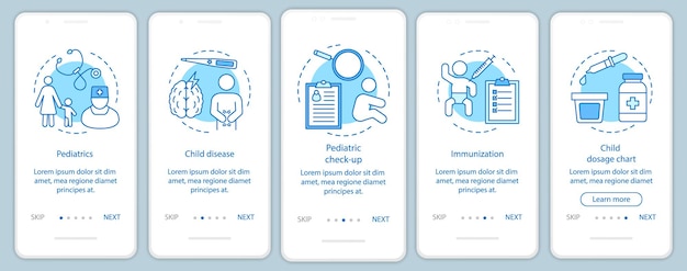Pediatric onboarding ekran strony aplikacji mobilnej z liniowymi koncepcjami. Badanie kontrolne, choroba dzieci, szczepienia, schemat dawkowania, instrukcje, instrukcje graficzne. Szablon wektora UX, UI, GUI z ikonami