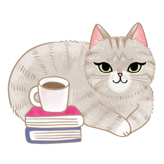 Plik wektorowy pędzel akwarelowy ładny kot i wektor książki
