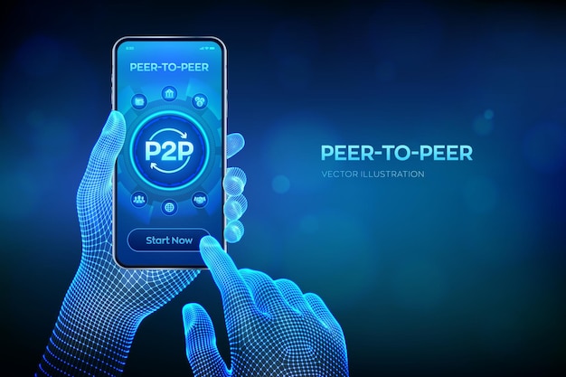 Peer To Peer Płatność P2p I Model Online Do Wsparcia Lub Przelewu Pieniędzy Koncepcja Technologii Peertopeer Na Ekranie Telefonu Komórkowego Zbliżenie Smartfona W Rękach Modelu Szkieletowego Ilustracja Wektora