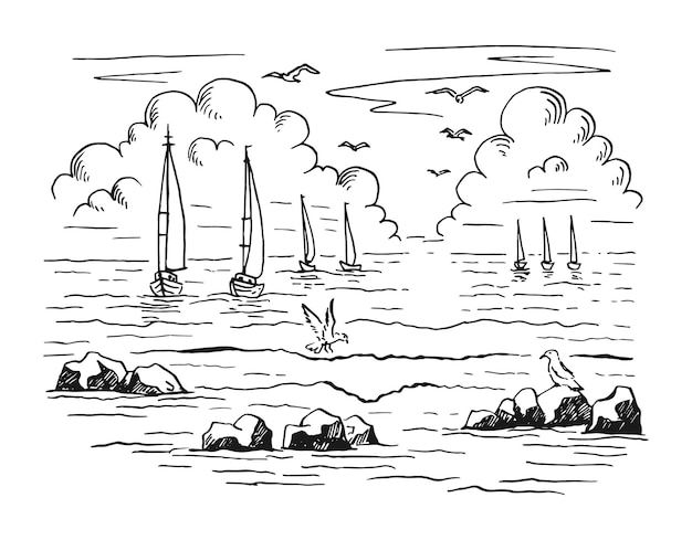 Plik wektorowy pejzaż morski. krajobraz, morze, żaglówka, skały, mewy. ręcznie rysowane ilustracji wektorowych.