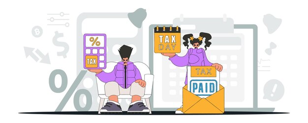 Plik wektorowy pełen wdzięku dziewczyna i facet płacą podatki ilustracja graficzna na temat płatności podatkowych