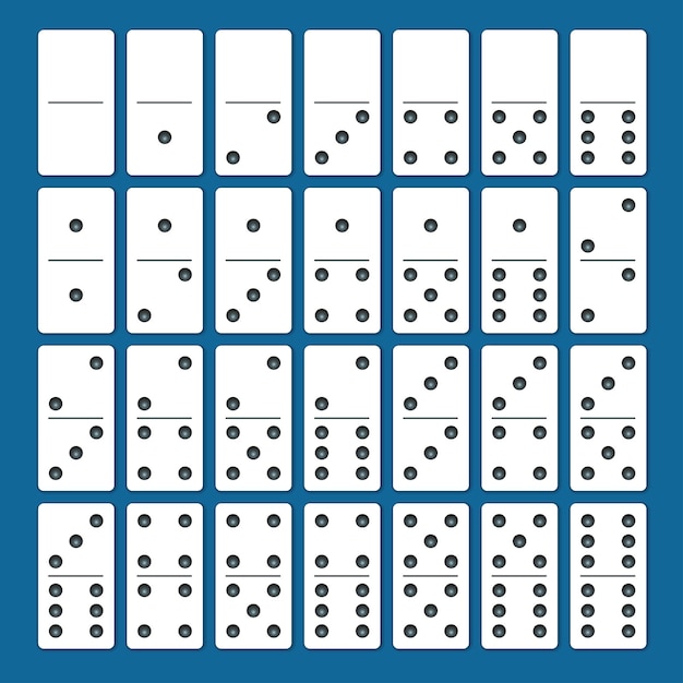 Pełny Zestaw Białych Domino Z Cieniami Na Niebieskim Tle. Kompletny Zestaw Podwójnych Sześciu.