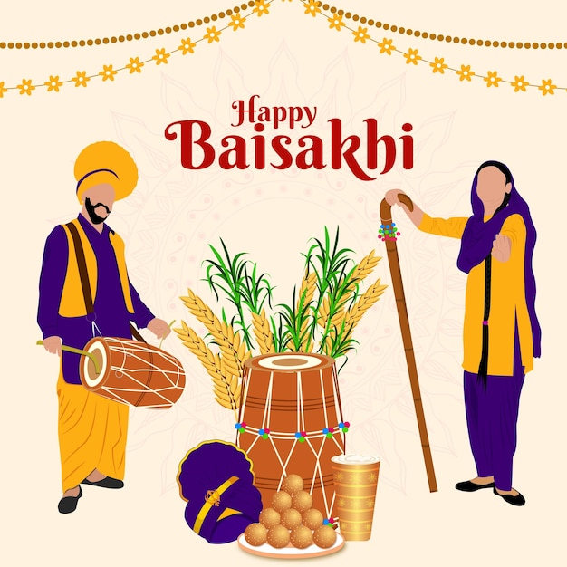 Pendżabska para świętuje święto Baisakhi, Premium Vector Art Illustration Image Stock Klipart