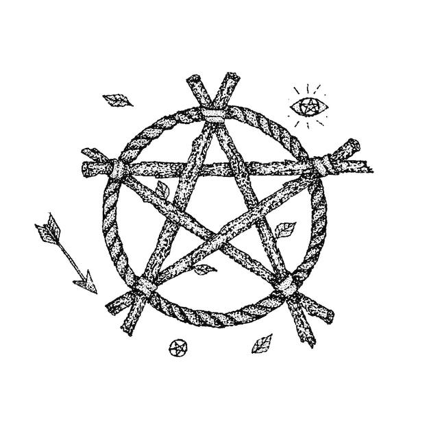 Pentagram Wiedźmy Dotwork. Ilustracja Wektorowa Projektu Koszulki. Tatuaż Ręcznie Rysowane Szkic.