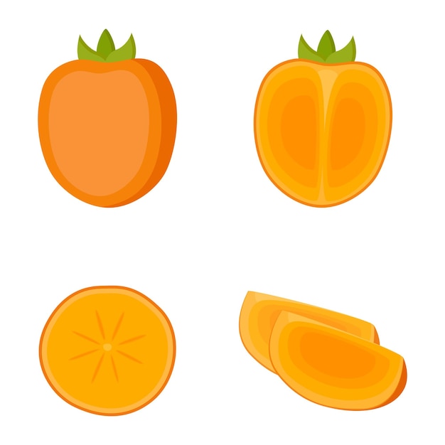 Persimmon, Cały Owoc, Pół I Plastry, Na Białym Tle, Ilustracji Wektorowych