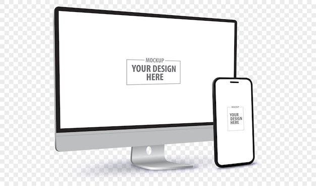 Perspektywa ekranu komputera stacjonarnego i telefonu komórkowego Mockup szablon wektorowy urządzeń cyfrowych