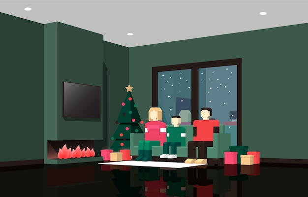 Plik wektorowy perspektywa ilustracja rodziny świętującej boże narodzenie i nowy rok przed kominkiem w salonie.